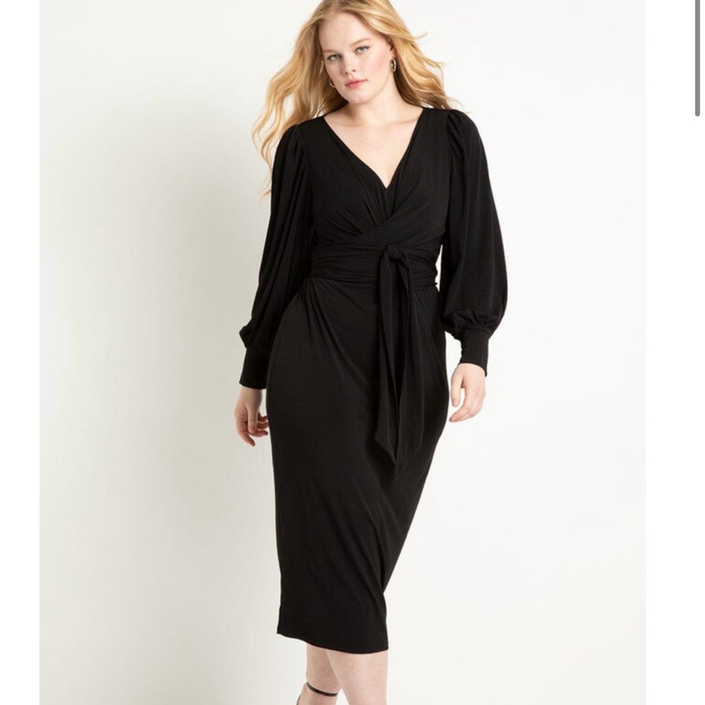 NWOT Eloquii Black Cross Front Midi Dress w Long Bishop Sleeves, V-Neck sz16